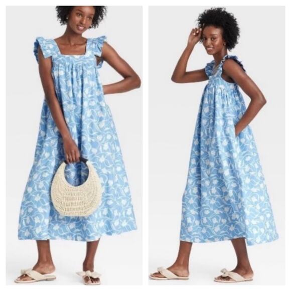 A New Day Maxi Dress Sz XL Blue White Floral Linen Blend Ruffles Pockets Boho - Picture 1 of 12